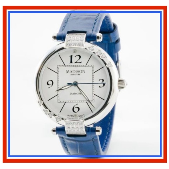 Madison NY Accessories - 🌹HP🌹NEW Madison New York Diamond Silver Quarts Watch w Navy Calf Leather